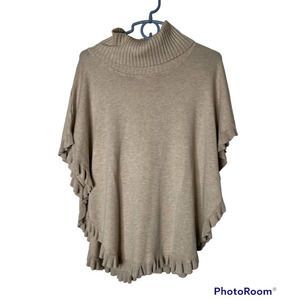 Joseph A Poncho Sweater in Tan Cowl Neckline Ruffled Hem Size Medium